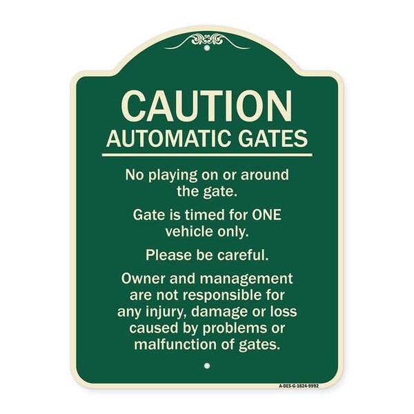 Designer Series-Caution Automatic Gates No Playing Gate Is Timed For One, 24" x 18", G-1824-9992